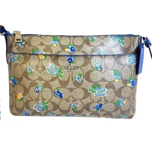 Coach Floral Signature Khaki Blue Canvas Leather Crossbody Swingpack Bag - Picture 2 of 7